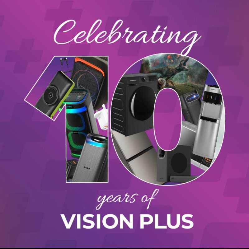 Celebrating 10 years of Vision Plus - Vision Plus products arranged inside a large number 10, with a Made in Kenya mark